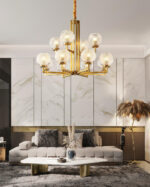 Ribbed Glass Brass Chandelier - Image 4