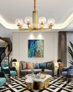 Ribbed Glass Brass Chandelier - Image 6